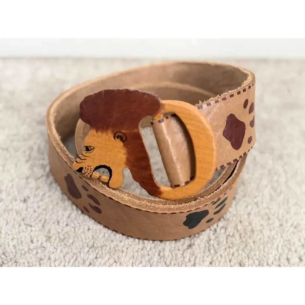 Lion Head Wood Buckle and Leather Waist Belt Brown Size Large Length - 40” NWT